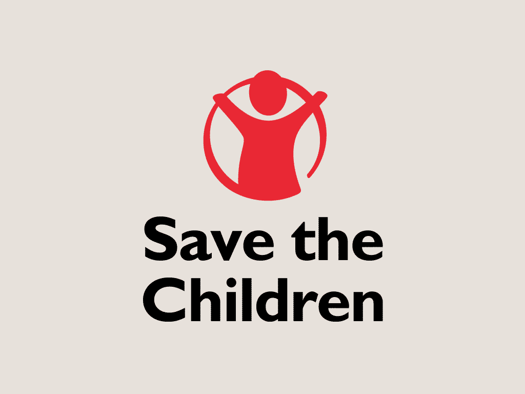 nonprofit charity logo of save the children on a tan background